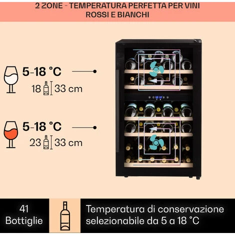 Klarstein Barossa 40 Duo - Frigorifero Per Vini, 2 Zone, 41 Bottiglie, Porta Di Vetro, Touch, LED 5 Klarstein Barossa 40 Duo - Frigorifero Per Vini, 2 Zone, 41 Bottiglie, Porta Di Vetro, Touch, LED - immagine 3