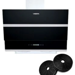 VIESTA DH900XE Cappa Aspirante 90cm 320W Incl. Filtro Di Carbonio Attivo - Cappa Da Cucina / Cappa Da Parete Con Sensore Di Controllo Tattile, Con Luce LED , Fatto In Vetro Nero E Acciaio Inox