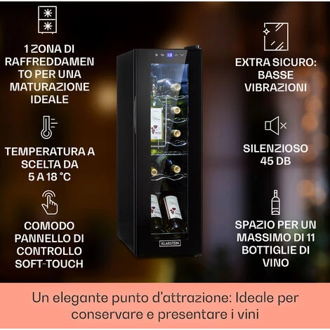 Klarstein Shiraz 12 Slim Uno - Frigorifero Per Vini, 32 L/12 Bottiglie, Touch, 85 W, 5-18 °C, LED 4 Klarstein Shiraz 12 Slim Uno - Frigorifero Per Vini, 32 L/12 Bottiglie, Touch, 85 W, 5-18 °C, LED - immagine 2