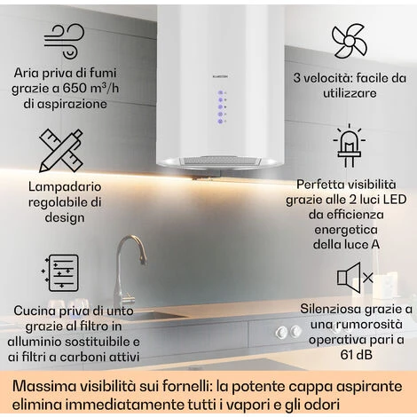Klarstein Beretta Cappa Aspirante A Isola Ø35cm A Ricircolo 650m³/h LED Bianco 4 Klarstein Beretta Cappa Aspirante A Isola Ø35cm A Ricircolo 650m³/h LED Bianco - immagine 2