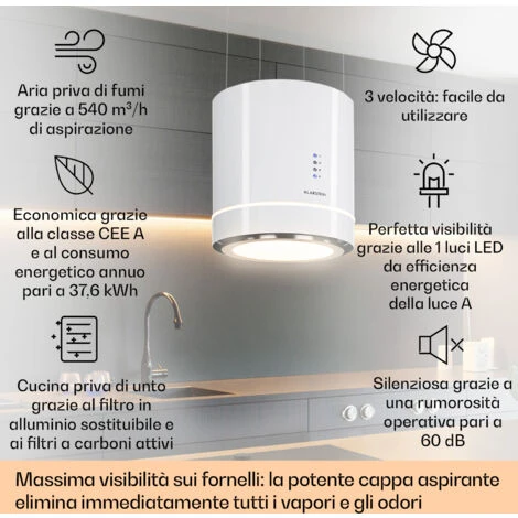 Klarstein Tron Ambience Cappa Aspirante A Isola Ø38cm Ricircolo 540m³/h LED Bianco 3 Klarstein Tron Ambience Cappa Aspirante A Isola Ø38cm Ricircolo 540m³/h LED Bianco