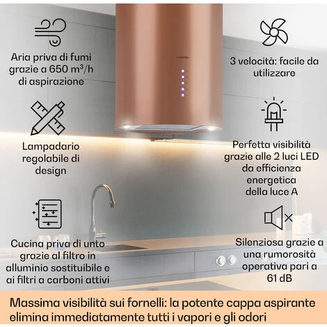 Klarstein Beretta, Cappa A Isola, Ø 35 Cm, Scarico/Ricircolo, 650m³/h, LED, Rame 4 Klarstein Beretta, Cappa A Isola, Ø 35 Cm, Scarico/Ricircolo, 650m³/h, LED, Rame - immagine 2
