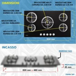 PremierTech PC5G90V Piano Cottura A Gas 5 Fuochi 90cm Vetro Nero -Negozio Di Elettrodomestici 70294359 3