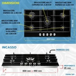 PremierTech PC905G Piano Cottura A Gas 90cm (86cm) Nero 5 Fuochi In Vetro 9 PremierTech PC905G Piano Cottura A Gas 90cm (86cm) Nero 5 Fuochi In Vetro -Negozio Di Elettrodomestici 70294377 3