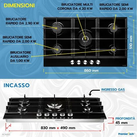 PremierTech PC905G Piano Cottura A Gas 90cm (86cm) Nero 5 Fuochi In Vetro 5 PremierTech PC905G Piano Cottura A Gas 90cm (86cm) Nero 5 Fuochi In Vetro - immagine 3