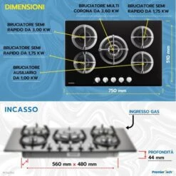 PremierTech PC5G75V Piano Cottura A Gas 5 Fuochi 75cm Vetro Nero 9 PremierTech PC5G75V Piano Cottura A Gas 5 Fuochi 75cm Vetro Nero -Negozio Di Elettrodomestici 70294397 3