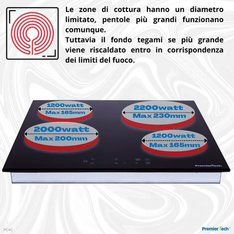 PT-PC4C PremierTech Piano Cottura 4 Fuochi Vetroceramica 60cm Elettrico Da Incasso Display Led Touch Control Vetro Front Smussato 4 PT-PC4C PremierTech Piano Cottura 4 Fuochi Vetroceramica 60cm Elettrico Da Incasso Display Led Touch Control Vetro Front Smussato - immagine 2
