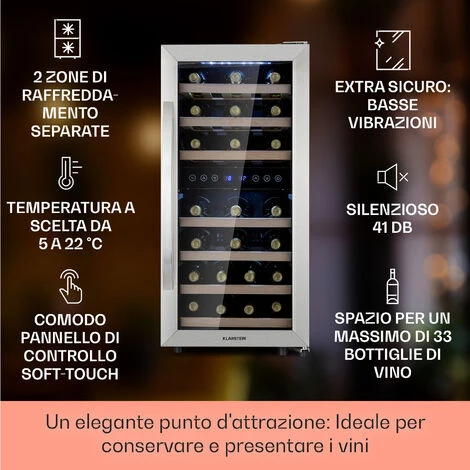 Klarstein Vinamour 54D Cantinetta 2 Zone 148 L 54 Bottiglie Parte Frontale In Acciaio Inox 4 Klarstein Vinamour 54D Cantinetta 2 Zone 148 L 54 Bottiglie Parte Frontale In Acciaio Inox - immagine 2